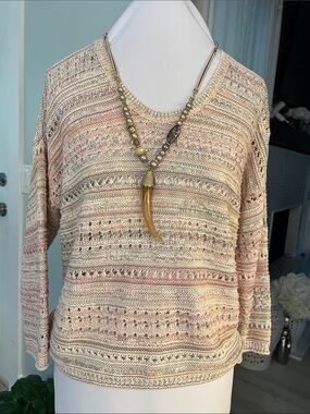 LOFT Open-Knit Pullover in Cream and Blush